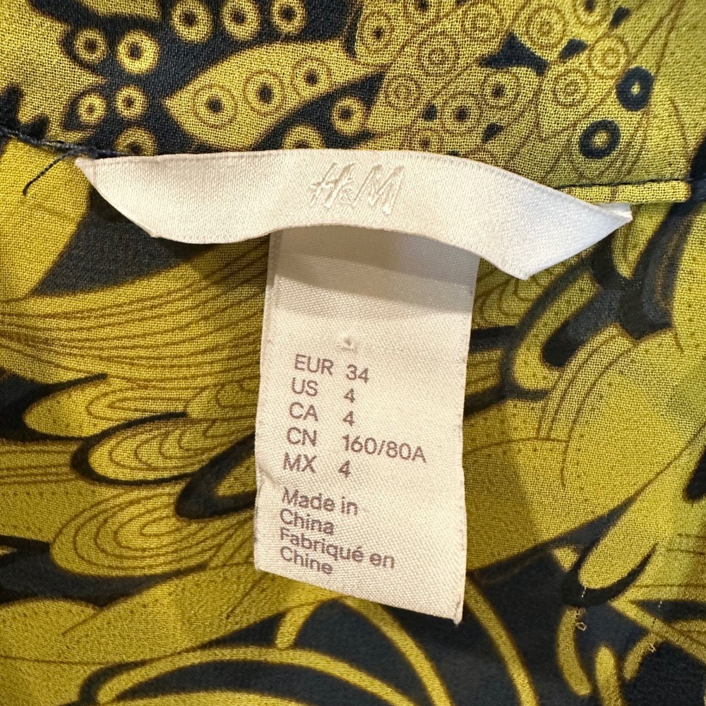 H&M Shirt Dress Women 4 Yellow Black Dragon Graphic Print Boho Sheer Lightweight - Picture 4 of 12